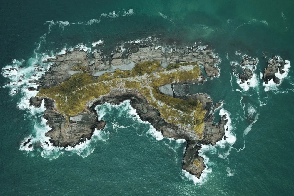 Aerial view of a rocky island