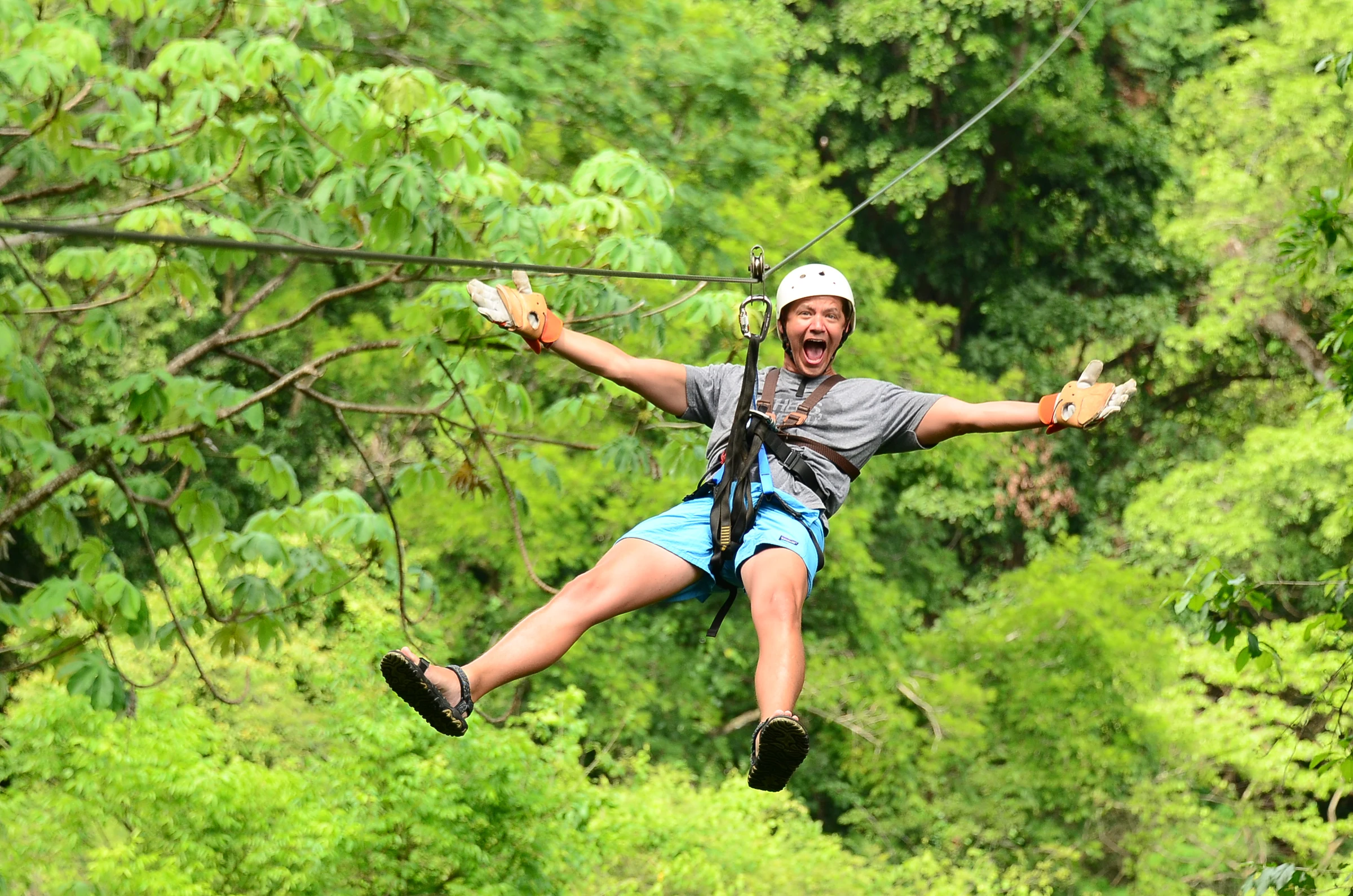 A zip-liner spreading their arms over the jungle