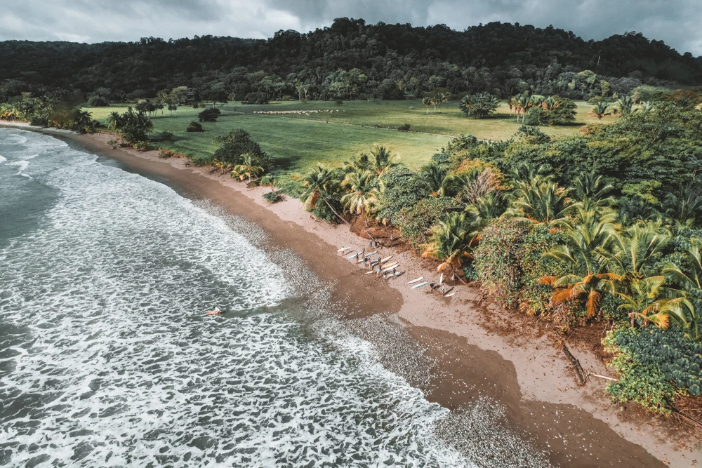 Aerial view of a jungle-lined Pacific beach