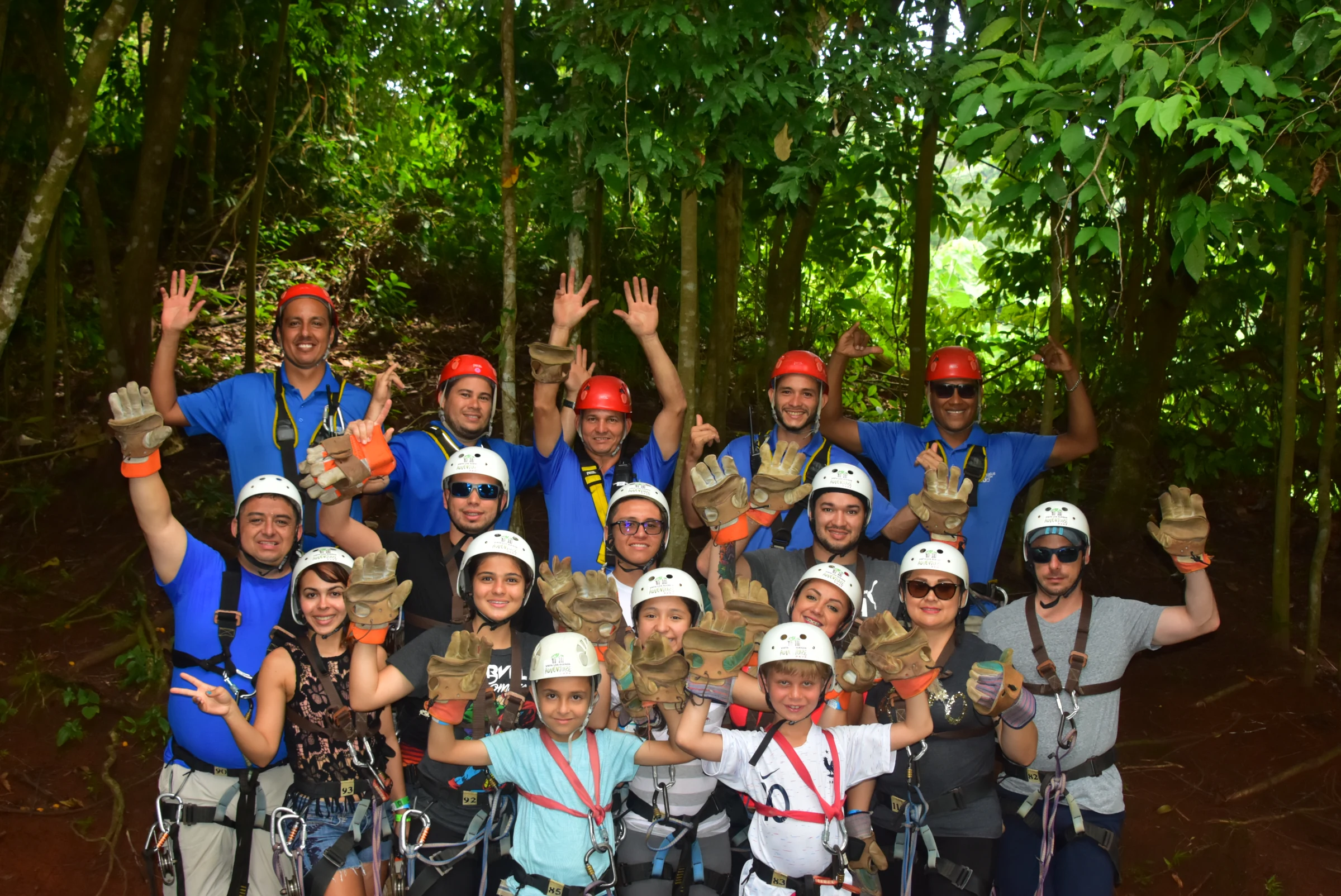 A canopy tour group in helmets